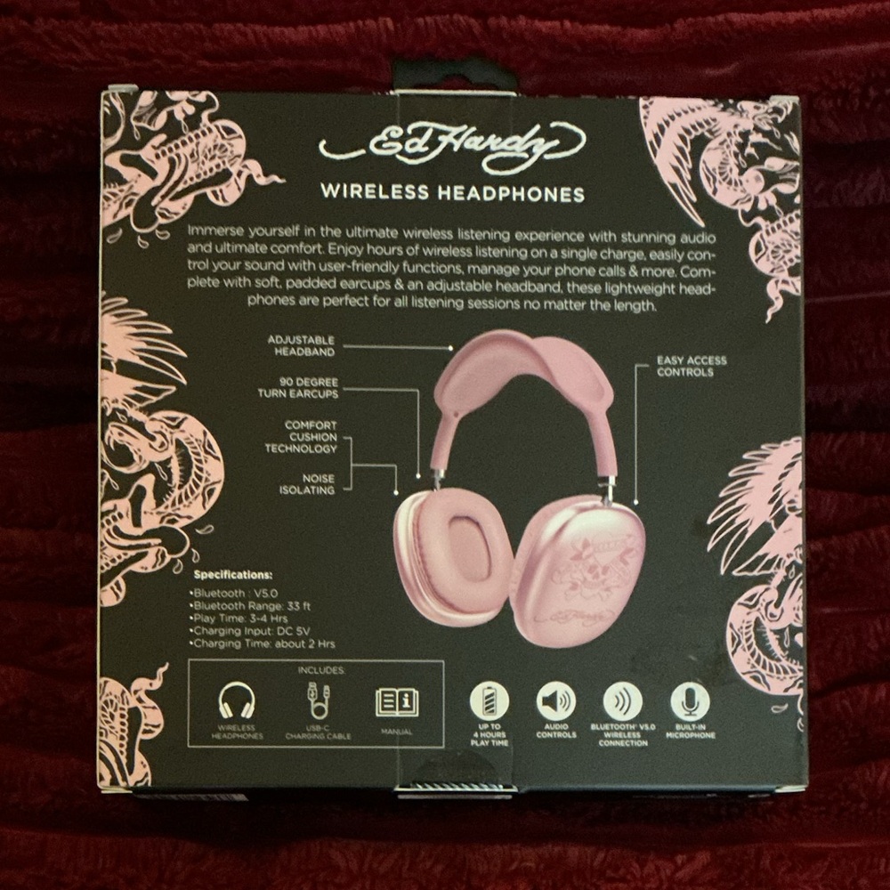 Ed Hardy Pink White Skull Wireless Headphones - Picture 2 of 5